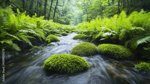 A gentle stream flowing over moss covered rocks, surrounded by ferns and lush vegetation, creating a sense of tranquility and the beauty of nature. photo