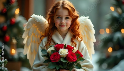 angel, angelic, auburn, hair, ringlets, blueeyes, realistic, white, robe, tartan, plaid, green, red, accents, intricate, feathery, wings, bouquet, roses, redroses, whiteroses, evergreen, holly, snow,  photo