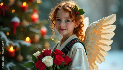 angel, angelic, auburn, hair, ringlets, blueeyes, realistic, white, robe, tartan, plaid, green, red, accents, intricate, feathery, wings, bouquet, roses, redroses, whiteroses, evergreen, holly, snow,  photo