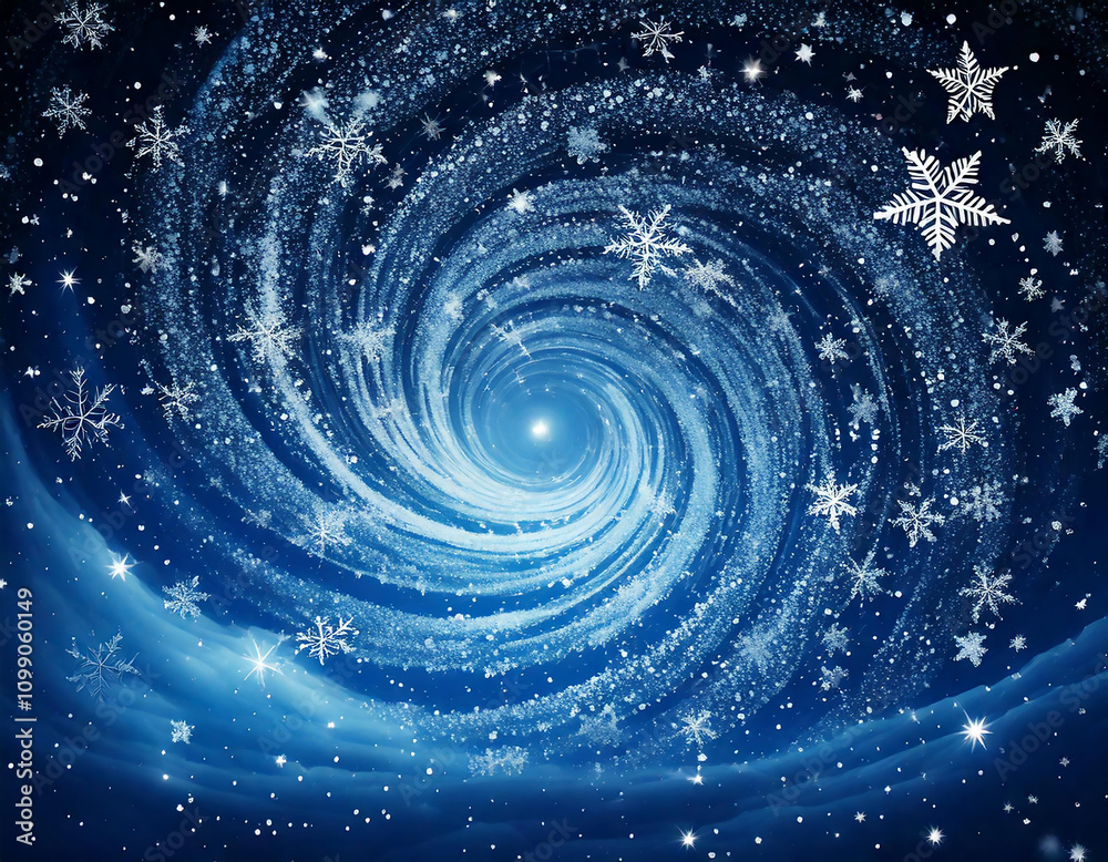 Obraz premium A swirling vortex of snowflakes and stars creates a mesmerizing celestial scene, evoking a sense of wonder and the magic of winter