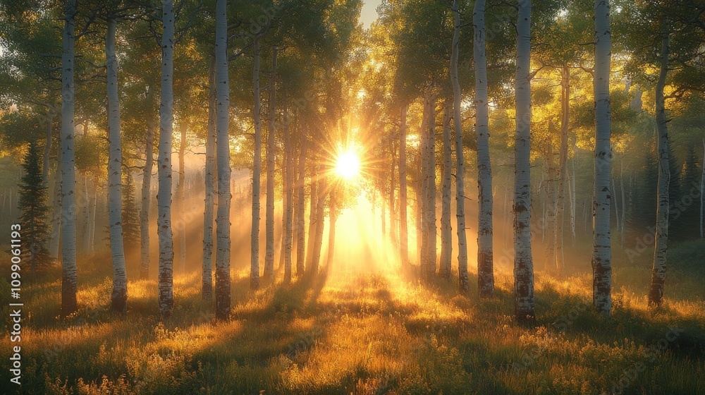 Fototapeta premium A serene forest scene with sunlight filtering through trees, creating a tranquil atmosphere.