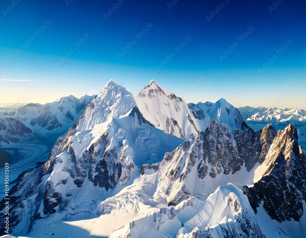 Fototapeta premium A breathtaking aerial view of snow-capped mountain peaks stretching towards a clear blue sky. The majestic landscape evokes a sense of awe and wonder
