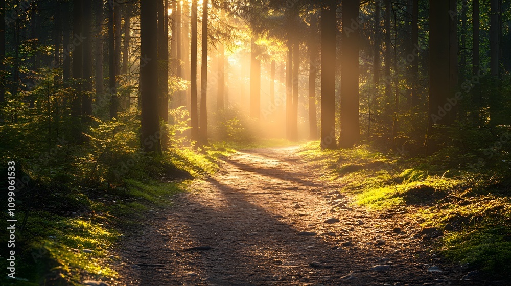 Obraz premium Serene forest path illuminated by morning sunlight filtering through the trees.