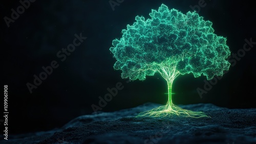 Bio nanotechnology and sustainability concept. Digital tree glowing in neon green against a dark background photo