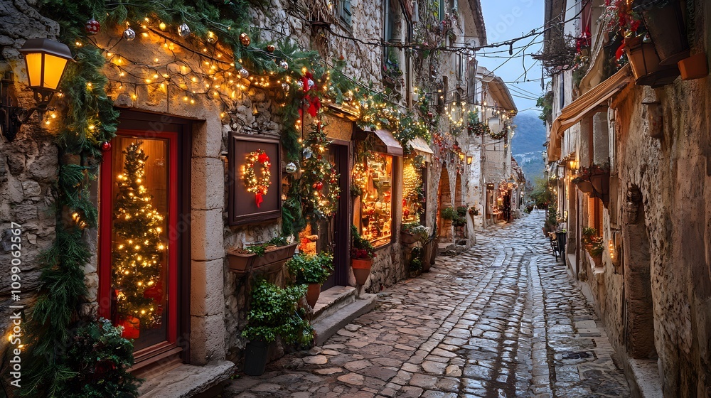 Fototapeta premium Charming street adorned with festive lights and decorations during the holiday season.