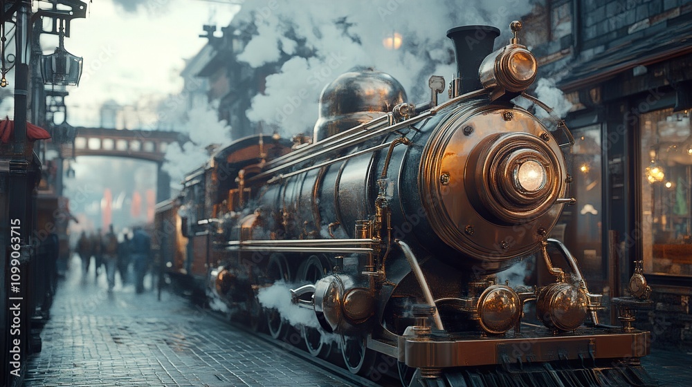 Naklejka premium A Majestic Steam Train in a Charming Old Town Setting