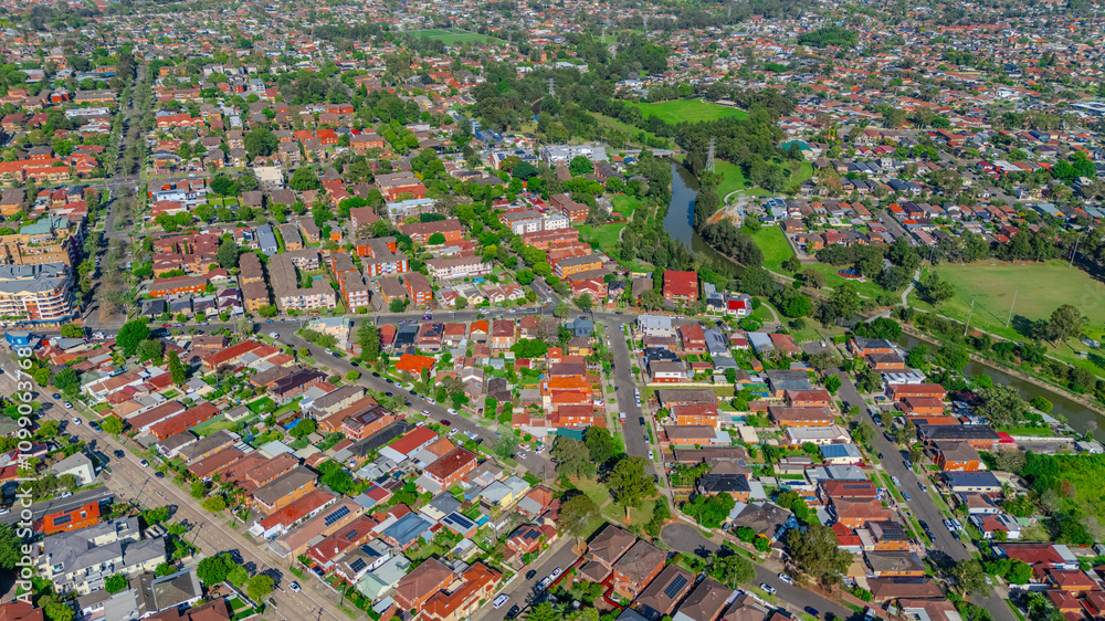 Obraz premium Panorama aerial drone view of western Sydney Suburbs of Canterbury Burwood Ashfield Marrickville Campsie with Houses roads and parks in Sydney New South Wales NSW Australia