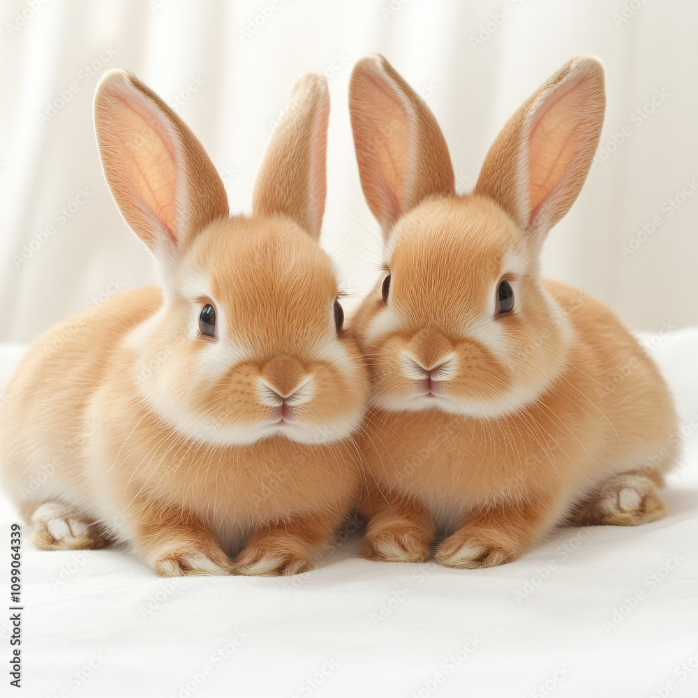 Obraz premium Snuggling baby rabbits with soft fur and adorable expressions, creating heartwarming scene. These cute companions bring joy and warmth to any setting