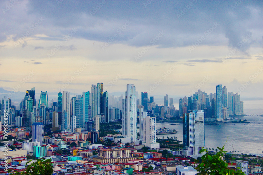 Fototapeta premium cityscape of panama city from above, view over the skycrapers and el casco viejo