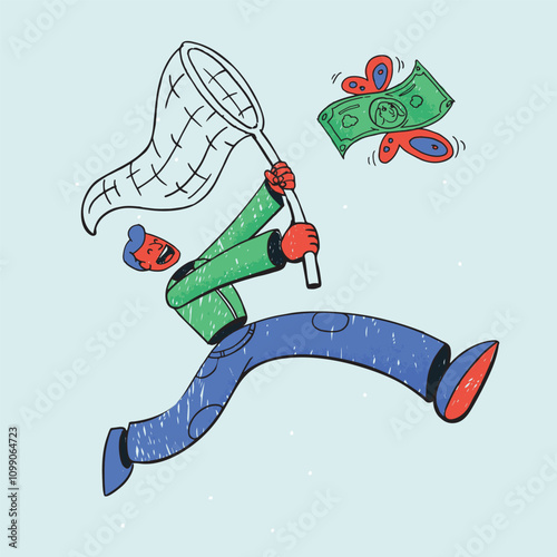 Man wants to catch money with a net, an illustration of devaluation, trying to catch flying money