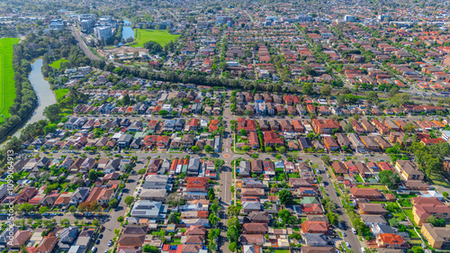 Panorama aerial drone view of western Sydney Suburbs of Canterbury Burwood Ashfield Marrickville Campsie with Houses roads and parks in Sydney New South Wales NSW Australia photo