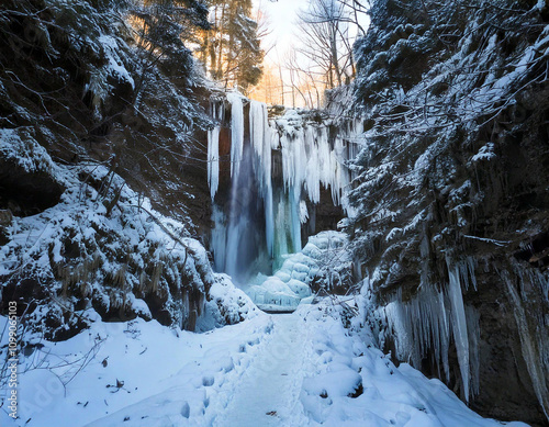 Serene frozen waterfall in a snowy forest, with icicles hanging from cliffs and a path leading to the base, capturing the tranquil beauty of winter