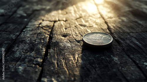 Small dime placed on a cracked wooden table 