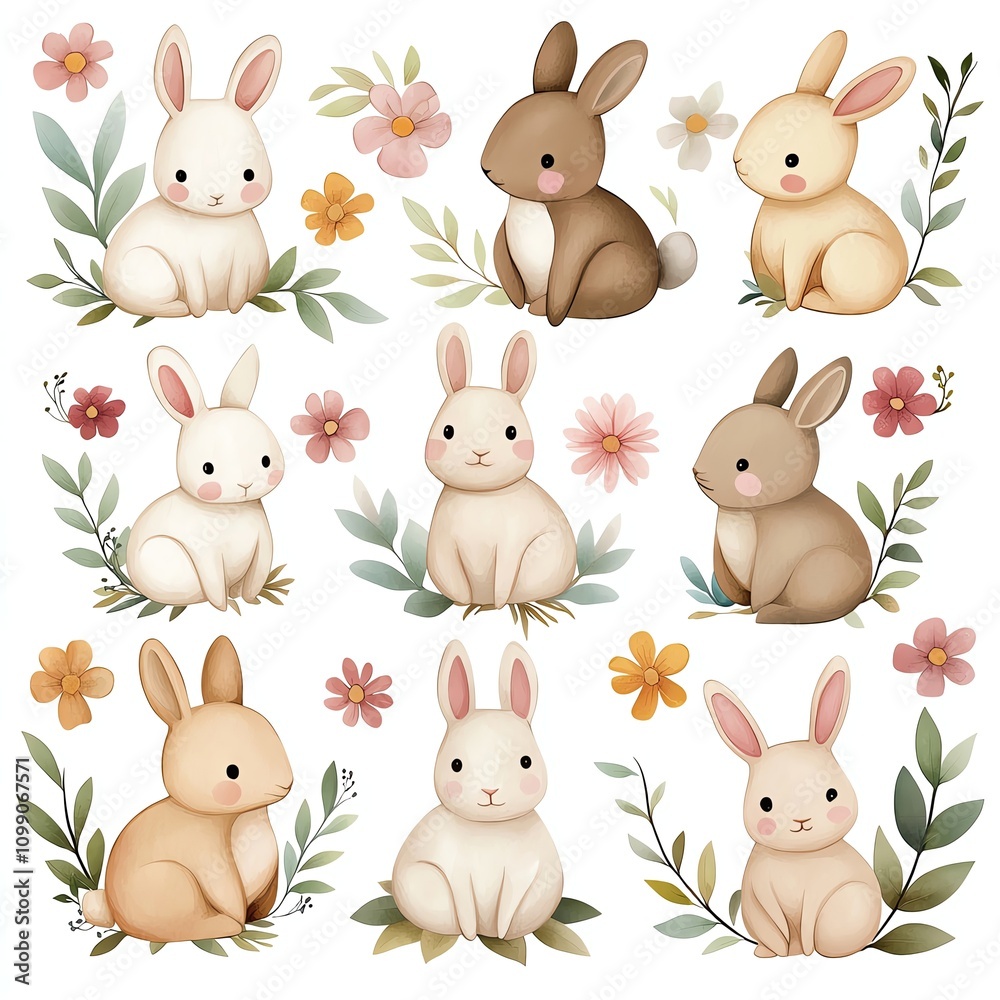 Obraz premium whimsical cute water color Cute rabbits surrounded by flowers and leaves.