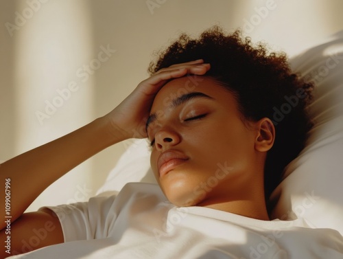 young person resting with hand on forehead in soft light