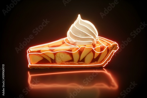 An electrifying 3D representation of a slice of apple pie with a scoop of vanilla ice cream on top, artistically displayed in neon wireframe on a black background --ar 3:2 --s 50 photo