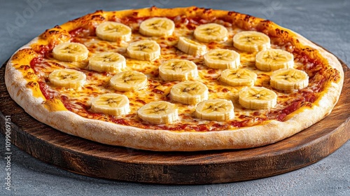 A photostock of a freshly baked pizza topped with bananas, symbolizing unique and adventurous culinary ideas. High Quality