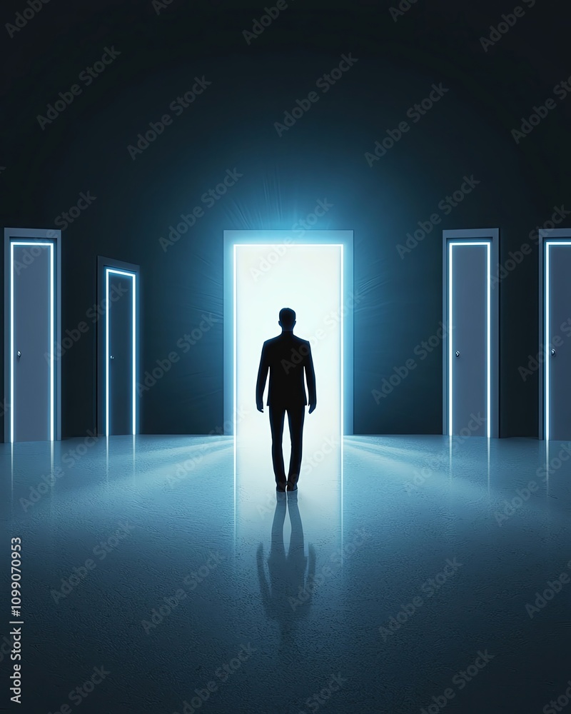 Fototapeta premium business idea leader decision skill concept A figure stands before multiple doors, contemplating.