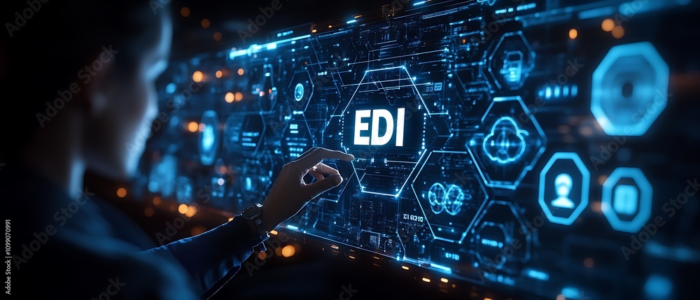 Fototapeta premium EDI, Electronic Data Interchange Concept. Businessman touching on EDI (Electronic Data Interchange) icons, global data transfer, digital security, information paperwork exchange in business context, 