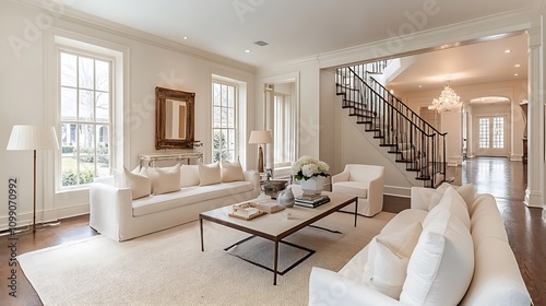 A modern white living room featuring uncluttered design, neutral accents, and sleek furniture.  photo