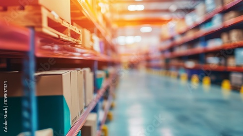 Wallpaper Mural Blurred view of industrial warehouse shelves stocked with boxes and metal racks, creating a soft focus background in a logistics or manufacturing facility. Torontodigital.ca