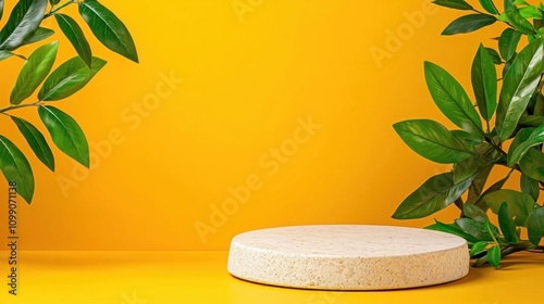 A photostock of a minimalist cream-colored pedestal under warm, natural lighting, ideal for showcasing products. High Quality
