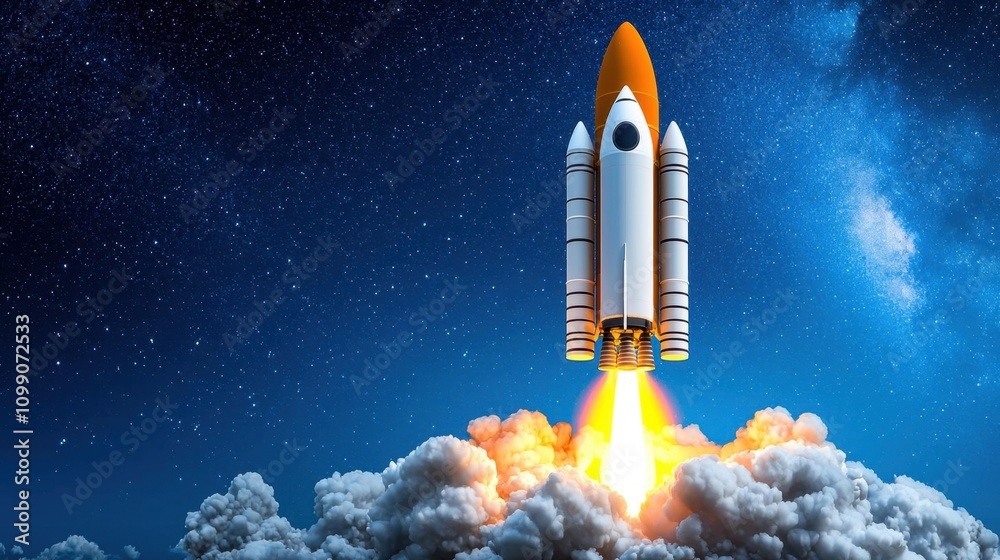 Fototapeta premium A photostock of a rocket launching into a clear starry sky, symbolizing innovation and exploration. High Quality