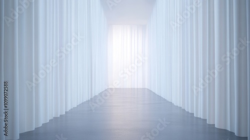 A serene, minimalistic hallway illuminated by soft light, featuring sheer curtains that create a tranquil and spacious atmosphere.