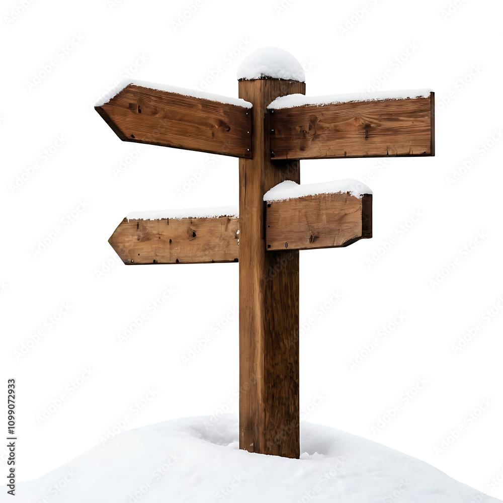 Fototapeta premium A weathered wooden signpost with four blank arrows pointing in different directions, dusted with snow. Ideal for winter, travel, and decision-making themes.