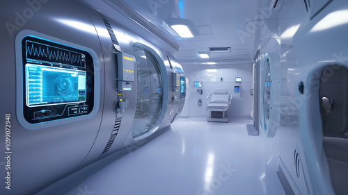 Travel Restrictions Quarantine: High-Technology Futuristic quarantine space with smooth metallic surfaces and advanced technology