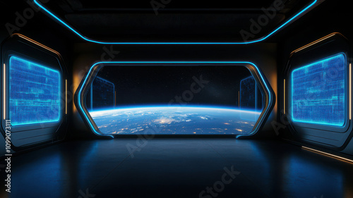 Travel Restrictions Quarantine: High-Technology high tech room with glowing edges and view of Earth