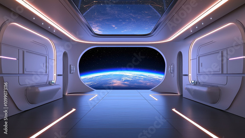 Travel Restrictions Quarantine: High-Technology empty futuristic chamber with view of Earth from space