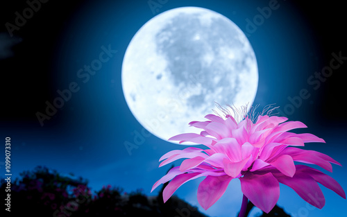 Pink flowers in full bloom with a background of flower bushes and a full moon. Night nature. Night flowers. 3D Rendering.