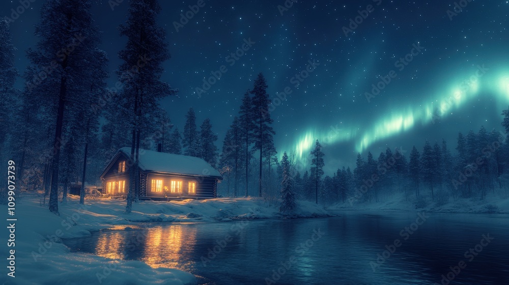 Fototapeta premium A serene winter night scene featuring a cozy cabin by a river under the northern lights.
