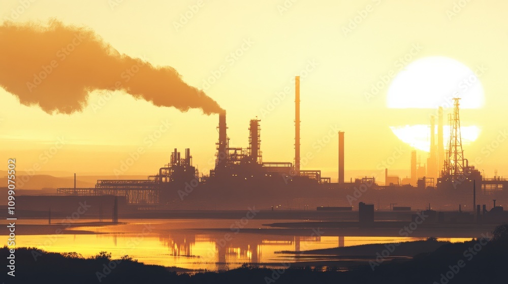 Obraz premium industrial skyline at sunset with smoke and reflections