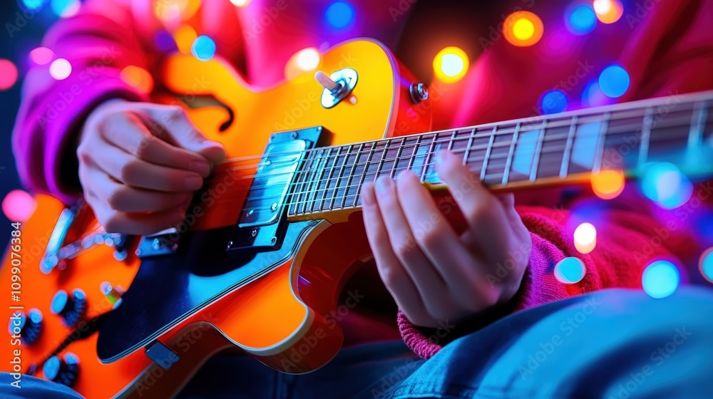 Obraz premium Close-up of Person Playing Guitar with Lights