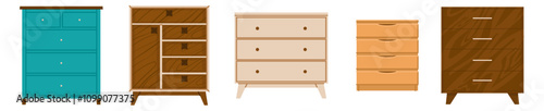 Set of chests of drawers of different designs. Elements for interior design. Storage of things in the household. Furniture store products. Vector illustration isolated on a transparent background