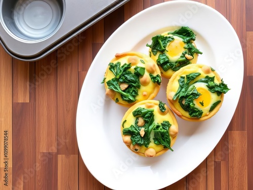 Egg and spanich cupcakes in the plate on a wooden background photo