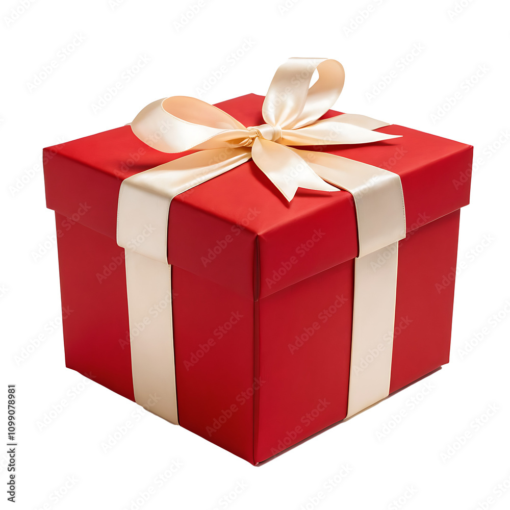 Fototapeta premium Classic red gift box transparent PNG tied with a gold ribbon, perfect for holidays, birthdays, or special occasions. Ideal for celebrations, gifting, or festive-themed projects.