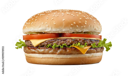 A juicy cheeseburger with a grilled beef patty, melted cheese, fresh lettuce, and tomato slices on a sesame seed bun, isolated on white. Perfect for food, menu, and restaurant promotions. photo