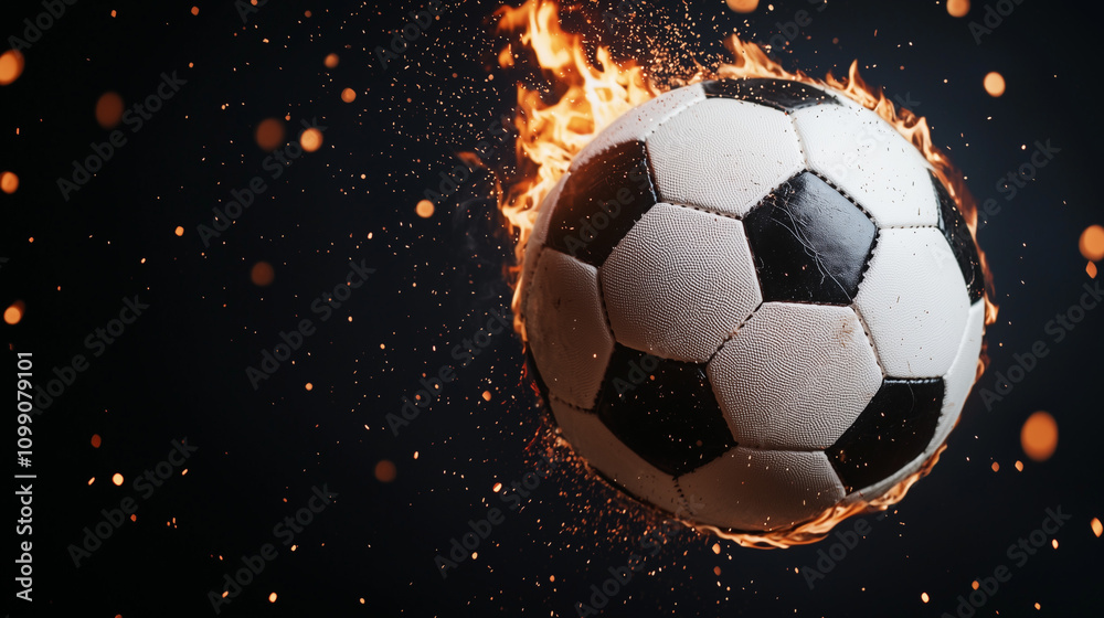 Fototapeta premium Fiery Passion: Soccer Ball engulfed in flames, sparks, and dark background. A dramatic image that captures the intensity and excitement of the sport. 