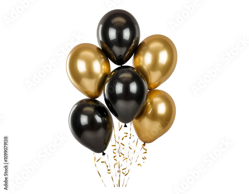 A cluster of black and gold balloons with shimmering surfaces and curling ribbons, isolated on a white background.  Ideal for celebrations, parties, and festive occasions.A cluster of black and gold b