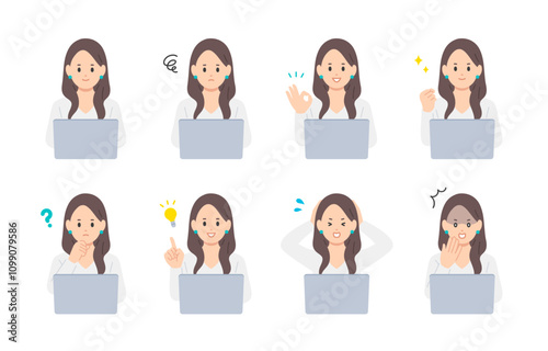 パソコンを見ながらいろいろな表情･ポーズをする若い女性のセット【人物ベクターイラスト素材】
