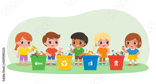 Children practicing recycling with four waste bins labeled Organic, Recyclable, General, and Hazardous. Different types garbage. Environmental recycling concept.