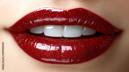 Close-up of vibrant, glossy red lips emphasizing beauty and confidence.