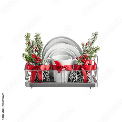 Festive Christmas Dish Drying Rack with Clean Dishes and Decorations photo