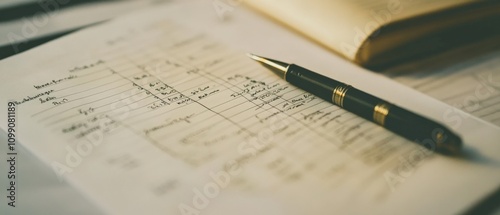 elegant pen resting on a vintage ledger with handwritten notes