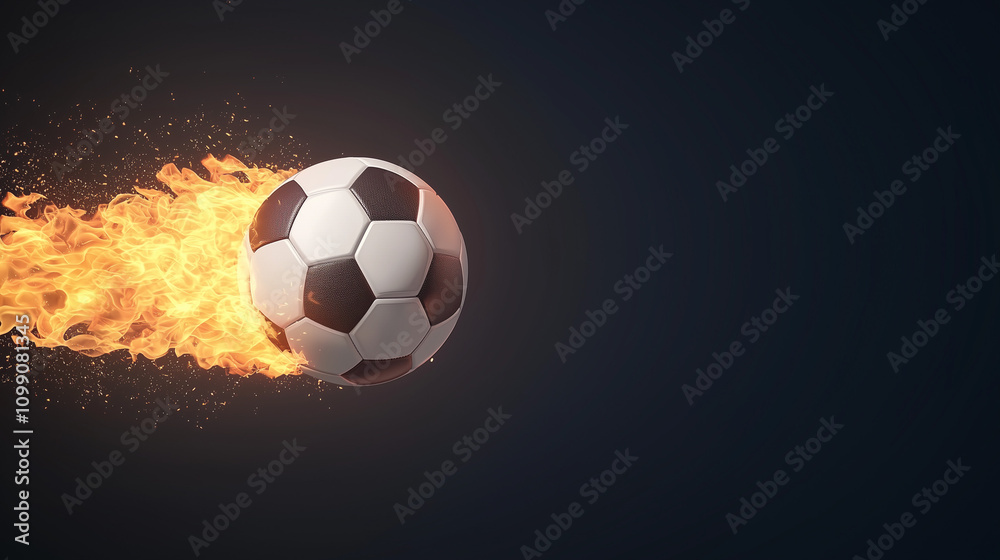 Fototapeta premium Fiery Football Passion: A soccer ball engulfed in flames, representing the intense passion and energy of the game. The ball is positioned on a dark background.