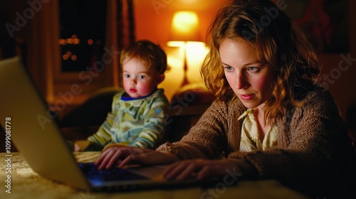 A focused mother works on a laptop while her curious child observes nearby.