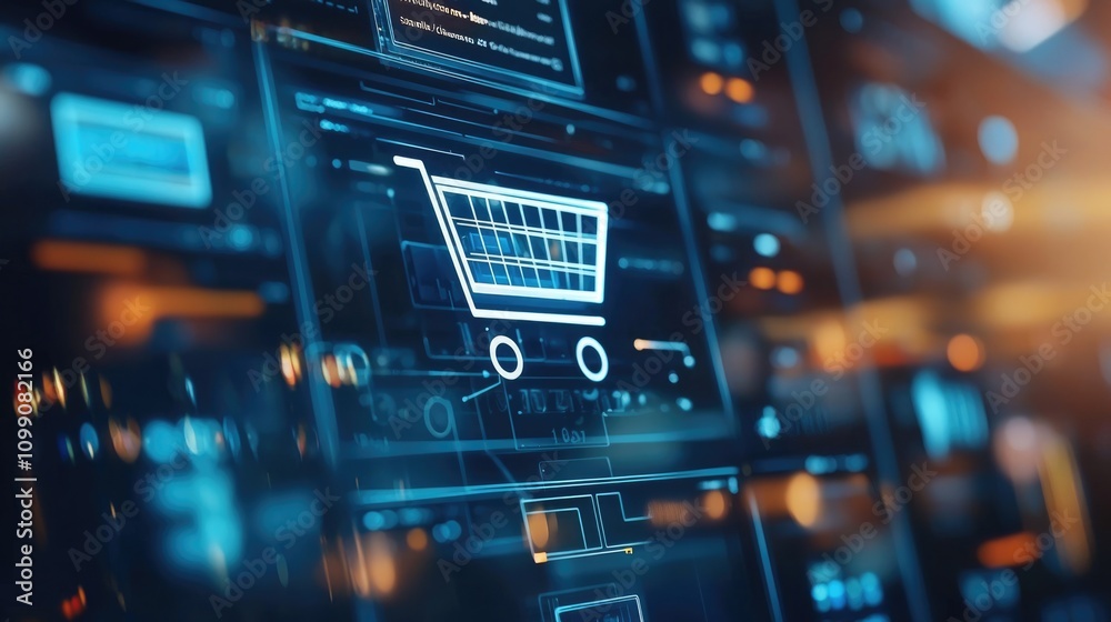 Fototapeta premium Digital shopping cart interface with vibrant technology background.